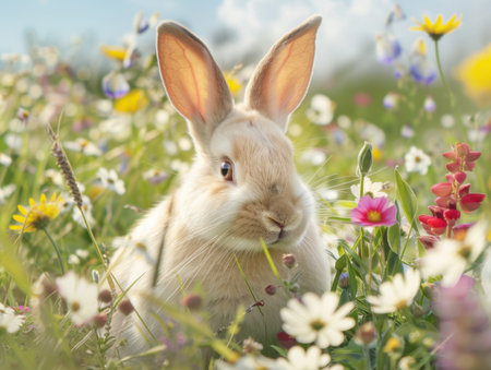 Cute rabbit in a field of flowersの素材