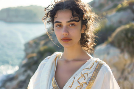 Thoughtful woman with curly hair in white dress overlooking scenic landscapeの素材