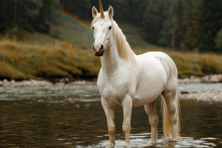 Majestic white unicorn standing in a riverの素材