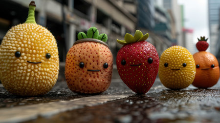 Cute and colorful fruit characters on a wooden surfaceの素材