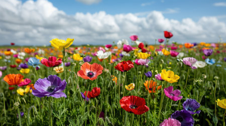Vibrant wildflower field under cloudy skyの素材