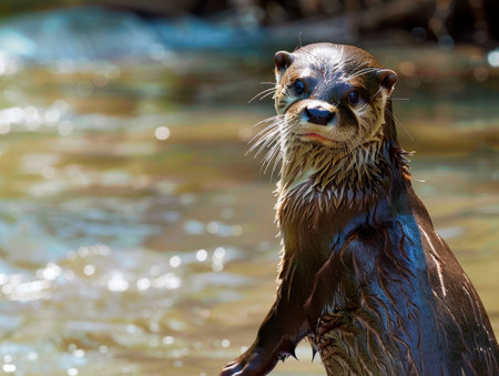 Curious river otter in the waterの素材