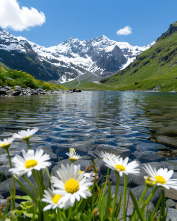 Serene mountain lake with snow-capped peaks and wildflowersの素材