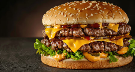 Delicious cheeseburger with melted cheese, pickles, and lettuceの素材