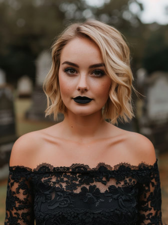 Elegant woman in black lace dressの素材