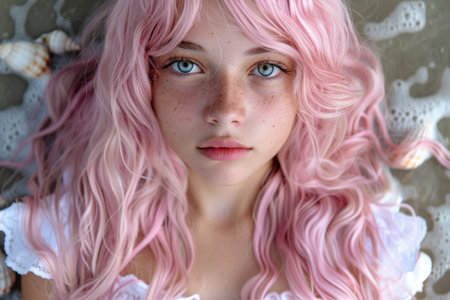Captivating portrait of a young woman with vibrant pink curly hairの素材