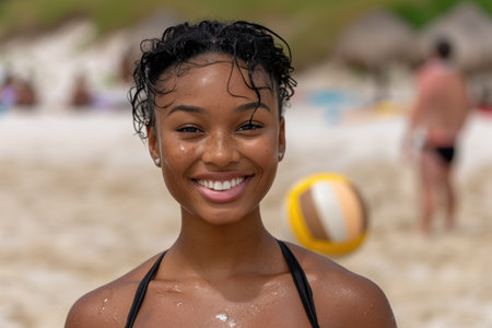 smiling woman with curly hair at beachの素材