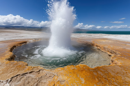 Powerful geyser eruption in desert landscapeの素材