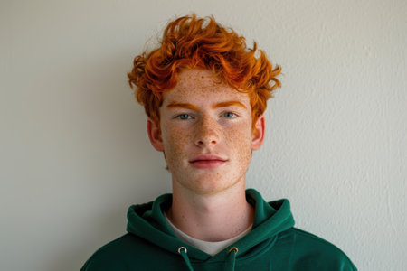 close-up portrait of a young man with curly red hair and frecklesの素材