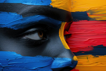 abstract painting with colorful brushstrokes and hidden eyeの素材