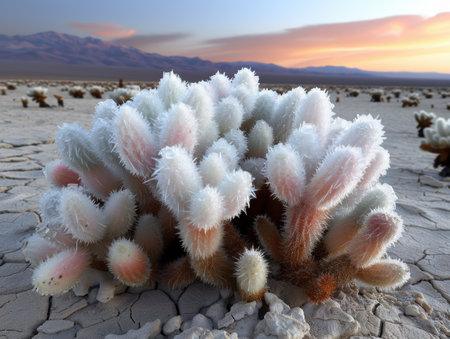 Frozen desert plants at sunsetの素材