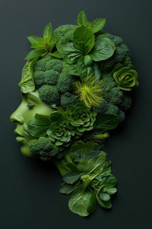 green leafy vegetables and herbs in abstract portraitの素材