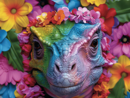Colorful chameleon surrounded by vibrant flowersの素材
