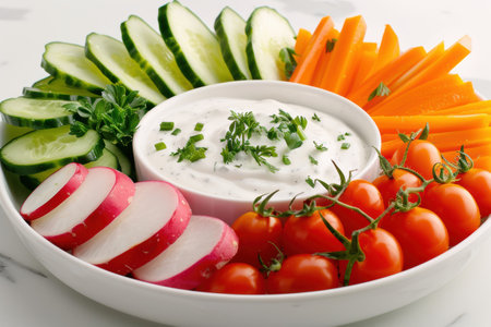 Healthy vegetable platter with creamy dipの素材