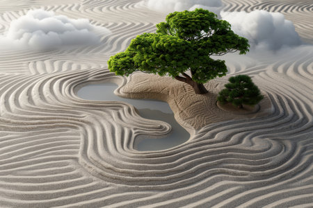 Serene zen garden landscape with tree and rocksの素材