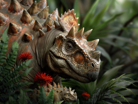 Closeup of a spiny horned lizard in a lush tropical settingの素材