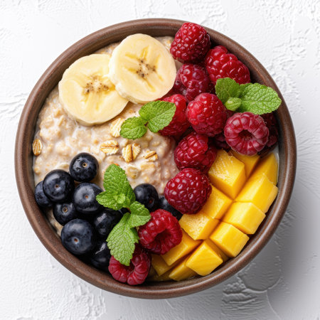 Healthy breakfast bowl with oatmeal, fresh fruits, and berriesの素材