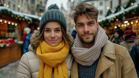 Couple enjoying winter holiday marketの素材