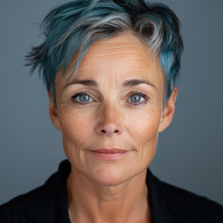Mature woman with dyed blue hair looking at cameraの素材