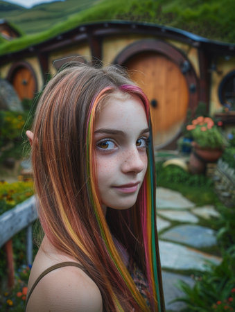 Vibrant young woman with colorful hair in whimsical gardenの素材