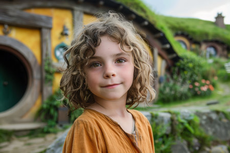young girl with curly hair in front of colorful hobbit houseの素材