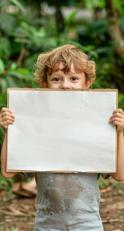 child holding blank sign in natureの素材