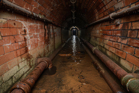 Flooded underground tunnel with brick wallsの素材