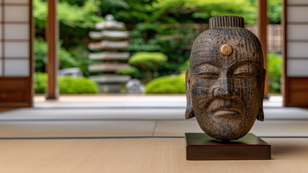 serene japanese garden with stone buddha statueの素材