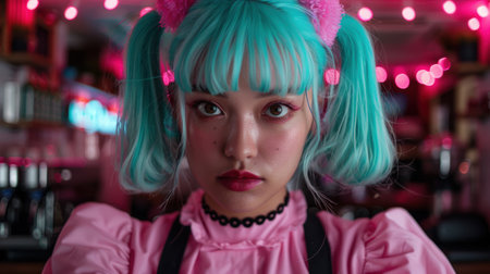 Colorful anime-inspired portrait with vibrant hair and makeupの素材