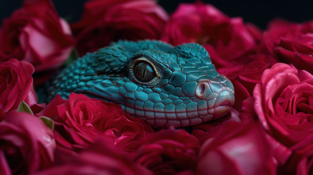 Vibrant Reptilian Gaze Amid Lush Floral Backdropの素材