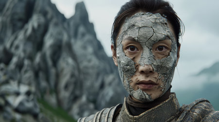 Mysterious warrior with cracked face mask in snowy mountainsの素材