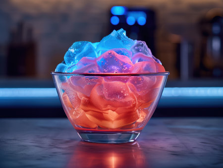 Colorful ice cubes in a glass bowlの素材