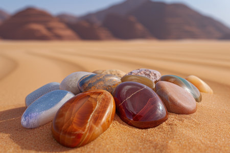 Colorful stones on sandy desert landscapeの素材