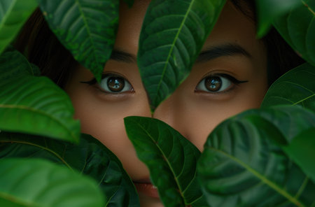 Mysterious eyes peeking through lush green leavesの素材