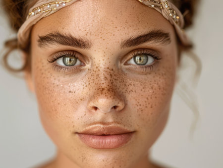 close-up portrait of a young woman with freckles and a golden headpieceの素材