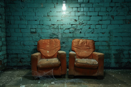 Vintage leather armchairs in abandoned roomの素材