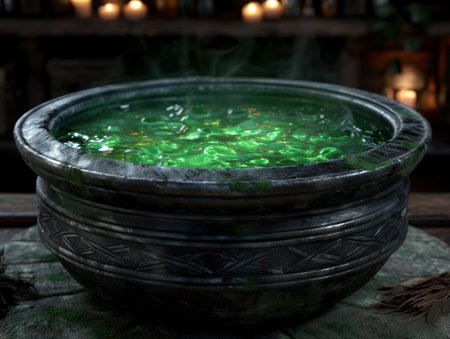 Glowing green potion in a dark cauldronの素材