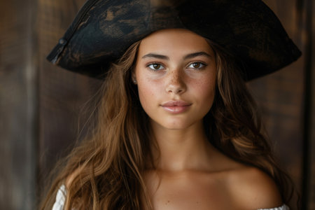 Captivating portrait of a young woman in a black hatの素材