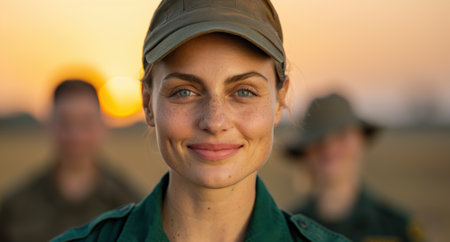 portrait of smiling woman in green uniform at sunsetの素材