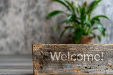 Welcoming rustic wooden sign with lush greeneryの素材