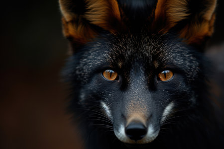 Intense gaze of a wild black foxの素材