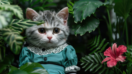 Adorable kitten in green dress surrounded by tropical foliageの素材