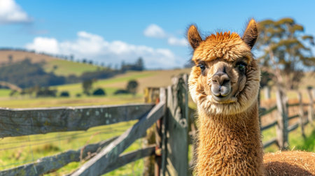 Curious alpaca in a rural landscapeの素材