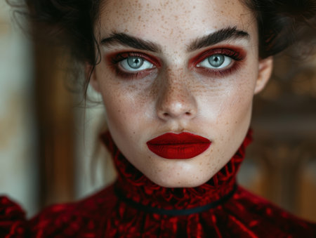 Intense gaze of a woman with striking red makeupの素材