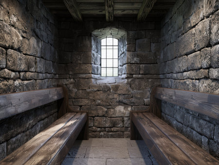ancient stone chapel interior with wooden benchesの素材