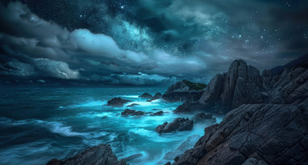 Dramatic night sky over rocky coastlineの素材