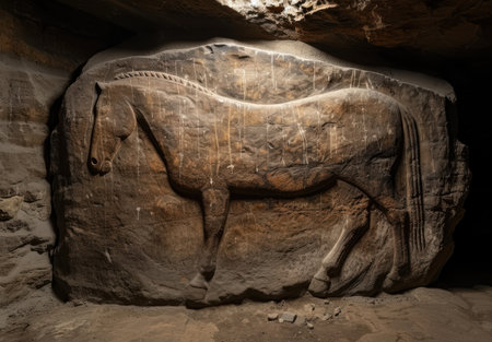 ancient carved horse sculpture in dark caveの素材
