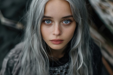 Striking portrait of a woman with piercing blue eyes and platinum blonde hairの素材