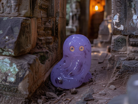 Whimsical purple creature in ancient ruinsの素材