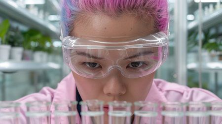 young scientist in pink lab coat examining test tubesの素材